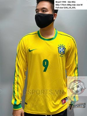 Áo Bóng Đá Retro Tuyển Brazil 1998 Dài Tay - Sân Nhà In Tên Ronaldo Số 9