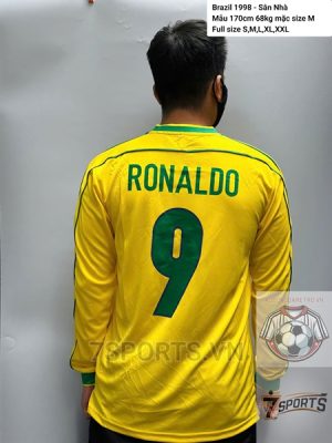Áo Bóng Đá Retro Tuyển Brazil 1998 Dài Tay - Sân Nhà In Tên Ronaldo Số 9