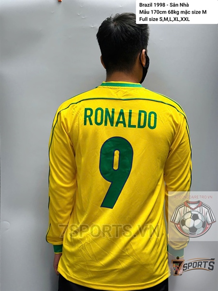 Áo Bóng Đá Retro Tuyển Brazil 1998 Dài Tay - Sân Nhà In Tên Ronaldo Số 9